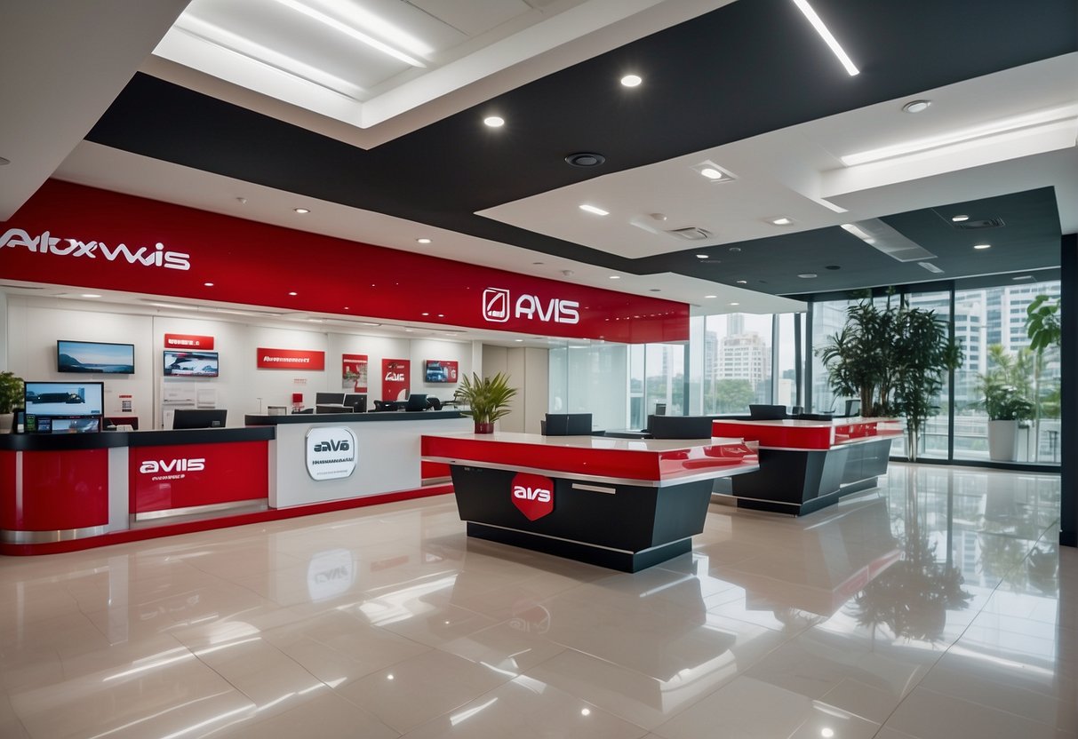 A sleek, modern car rental office with bold Avis branding, showcasing exclusive 2024 promotions in Singapore. Bright, inviting atmosphere with promotional materials displayed prominently