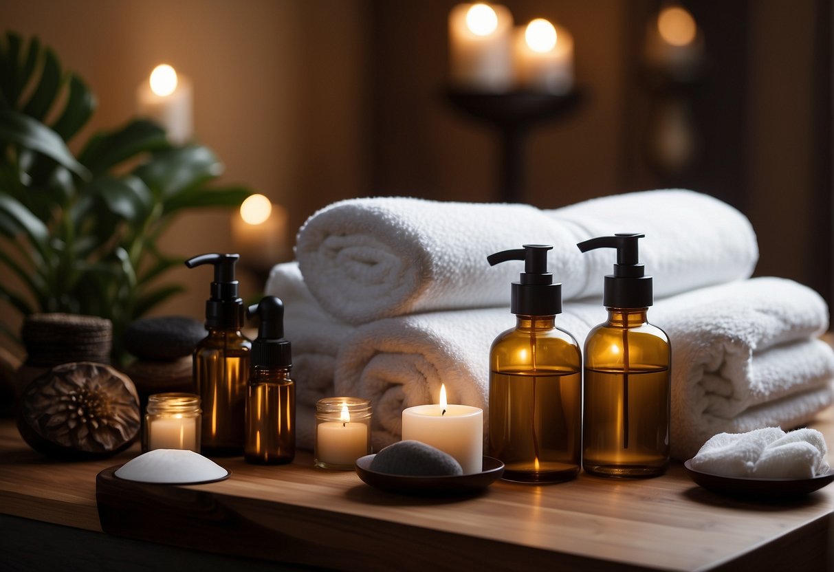 A serene spa with soothing music, dim lighting, and aromatic oils. Massage tables lined up with plush towels and a sign advertising discounted wellness promotions