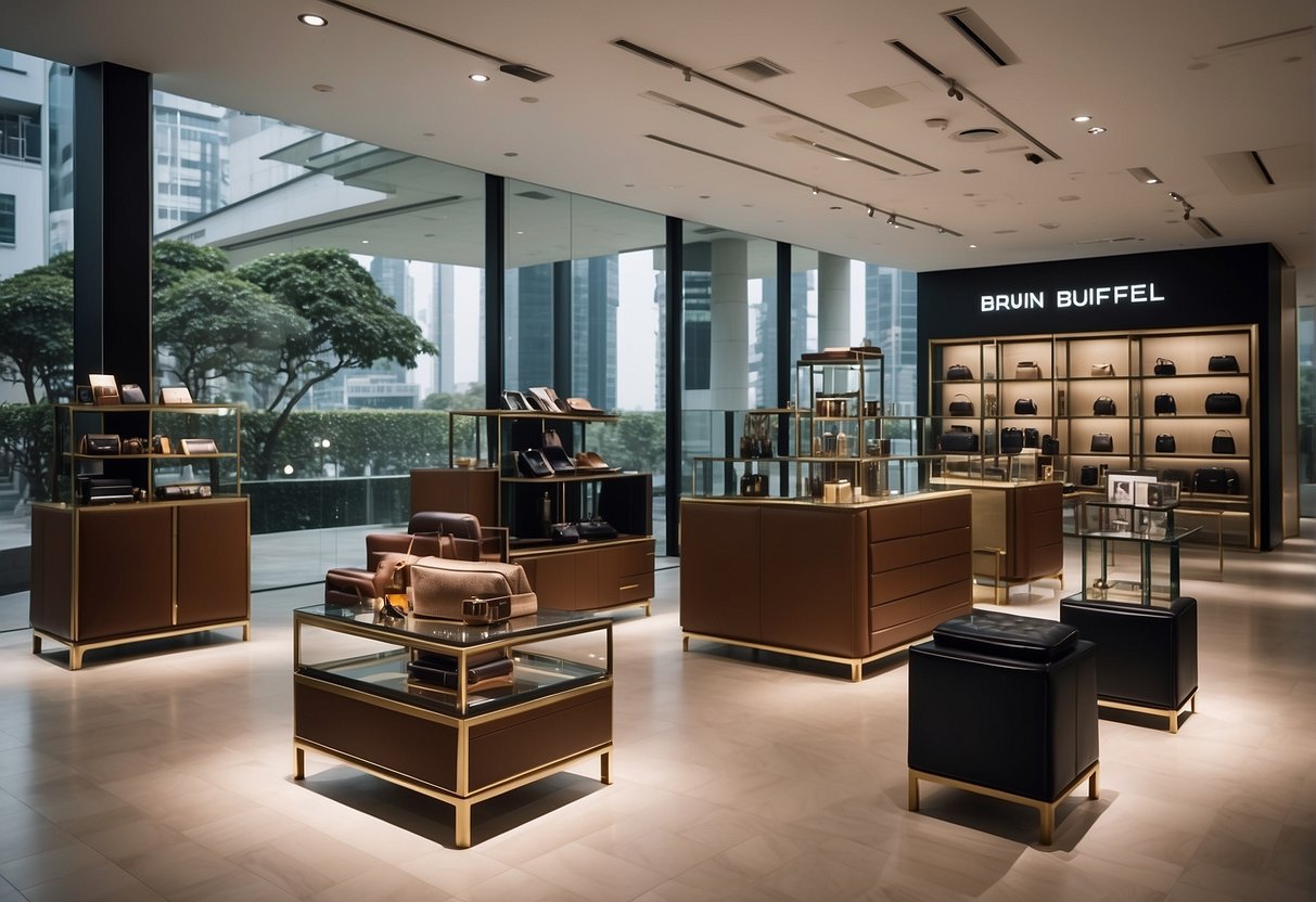 A display of Braun Buffel products at a Singapore promotion, showcasing leather goods and accessories in a sleek and modern setting