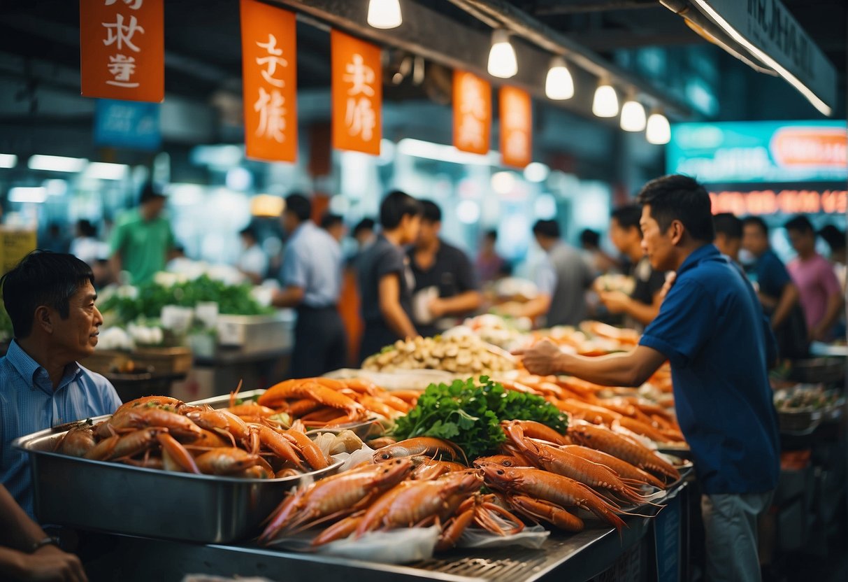 A bustling seafood market with colorful banners and signs advertising promotions in Singapore. Customers browse fresh catches while vendors call out their specials