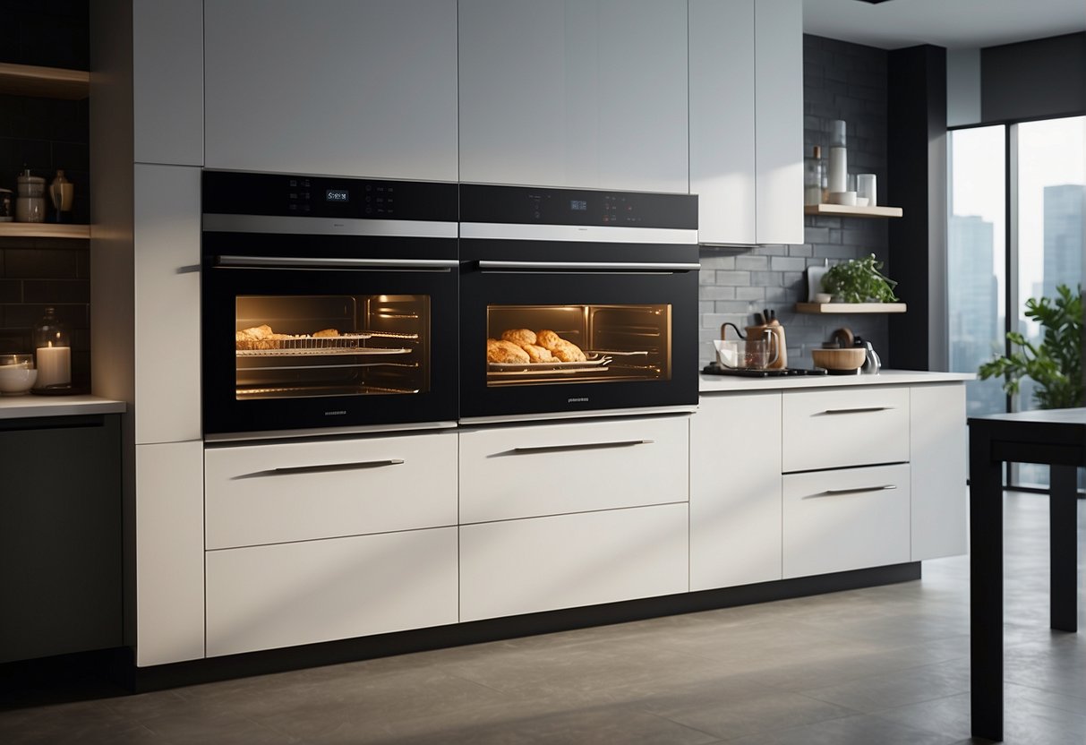 A sleek, modern built-in oven with advanced technology, surrounded by promotional materials and displays showcasing its latest features