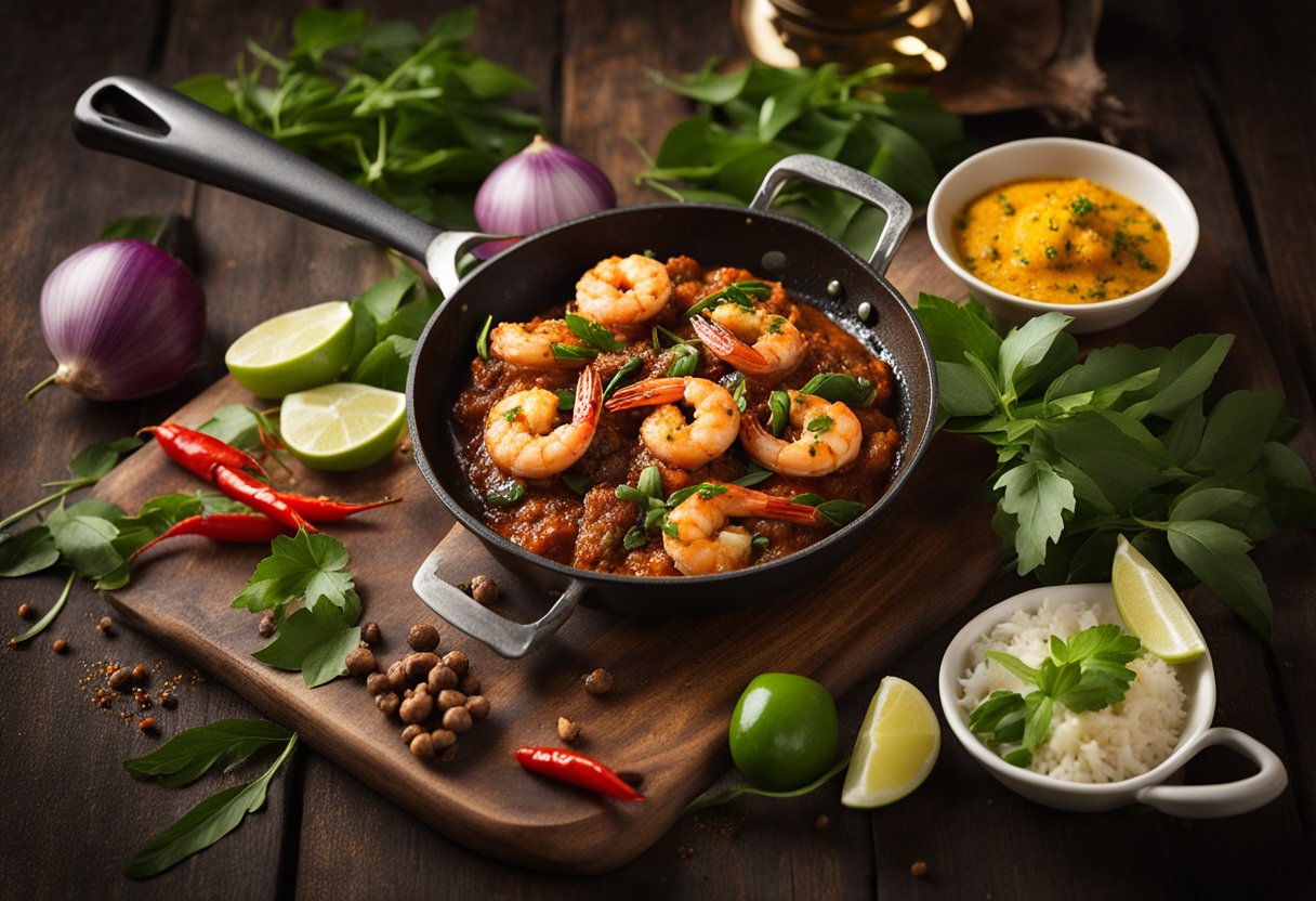 A sizzling pan with spicy prawn varuval, surrounded by aromatic chettinad spices and fresh curry leaves
