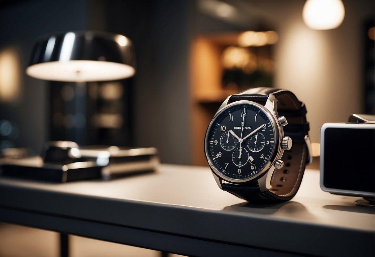 A bright spotlight shines on a display of the latest Braun Büffel promotions, showcasing luxurious leather goods in a stylish setting