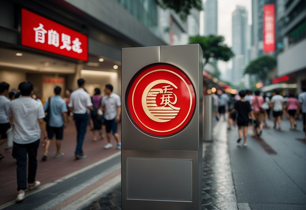 The Bank of China logo displayed prominently in a bustling Singapore street, surrounded by colorful promotional banners and a crowd of people