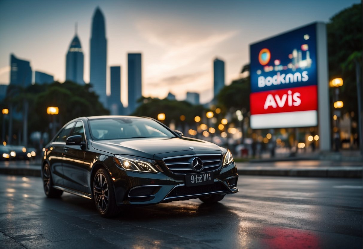 A vibrant cityscape with iconic landmarks and rental car logos in the background, with a prominent "Booking and Rental Guide avis promotions singapore" sign in the foreground
