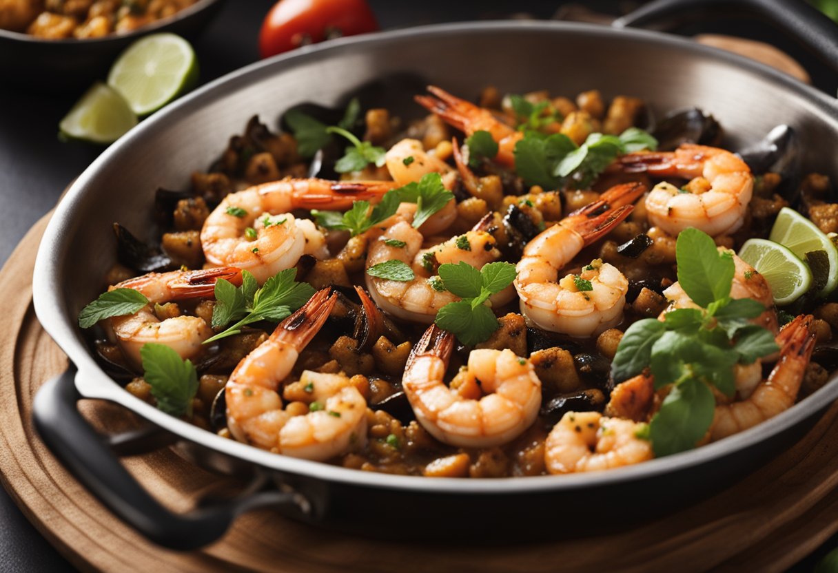 A sizzling pan with marinated prawns, spices, and herbs being stir-fried in a traditional Chettinad style