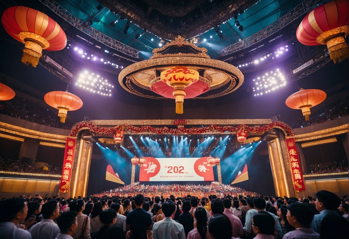 A grand stage with a large banner displaying "2024 Bank of China Promotions Singapore." Excited crowd and bank officials gather around, with bright lights and festive decorations