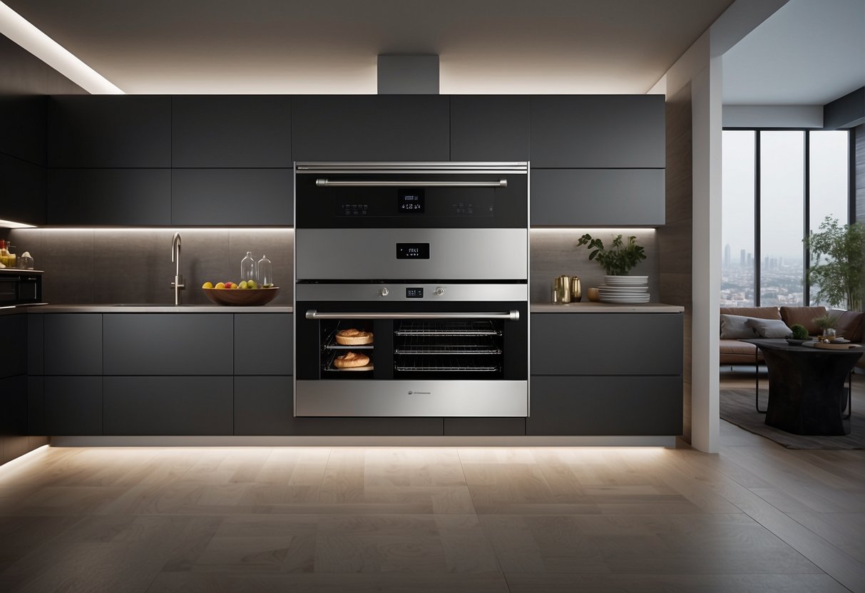 A sleek, modern built-in oven displayed in a stylish kitchen setting, with promotional banners and enticing offers visible