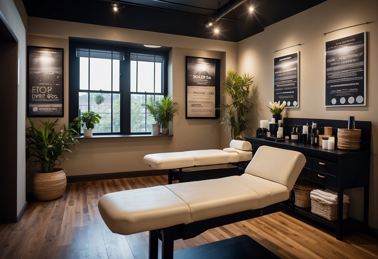 A massage studio with promotional posters and brochures displayed