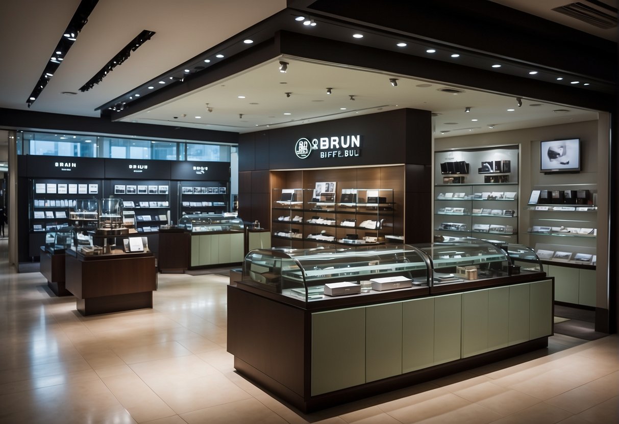 A display of new Braun Buffel collections with promotional offers in a Singaporean store