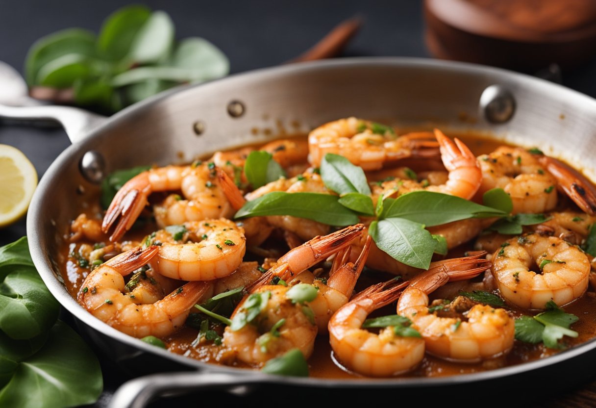 Prawns sizzling in a hot pan with aromatic spices, curry leaves, and coconut, creating a rich and flavorful Chettinad Prawn Varuval