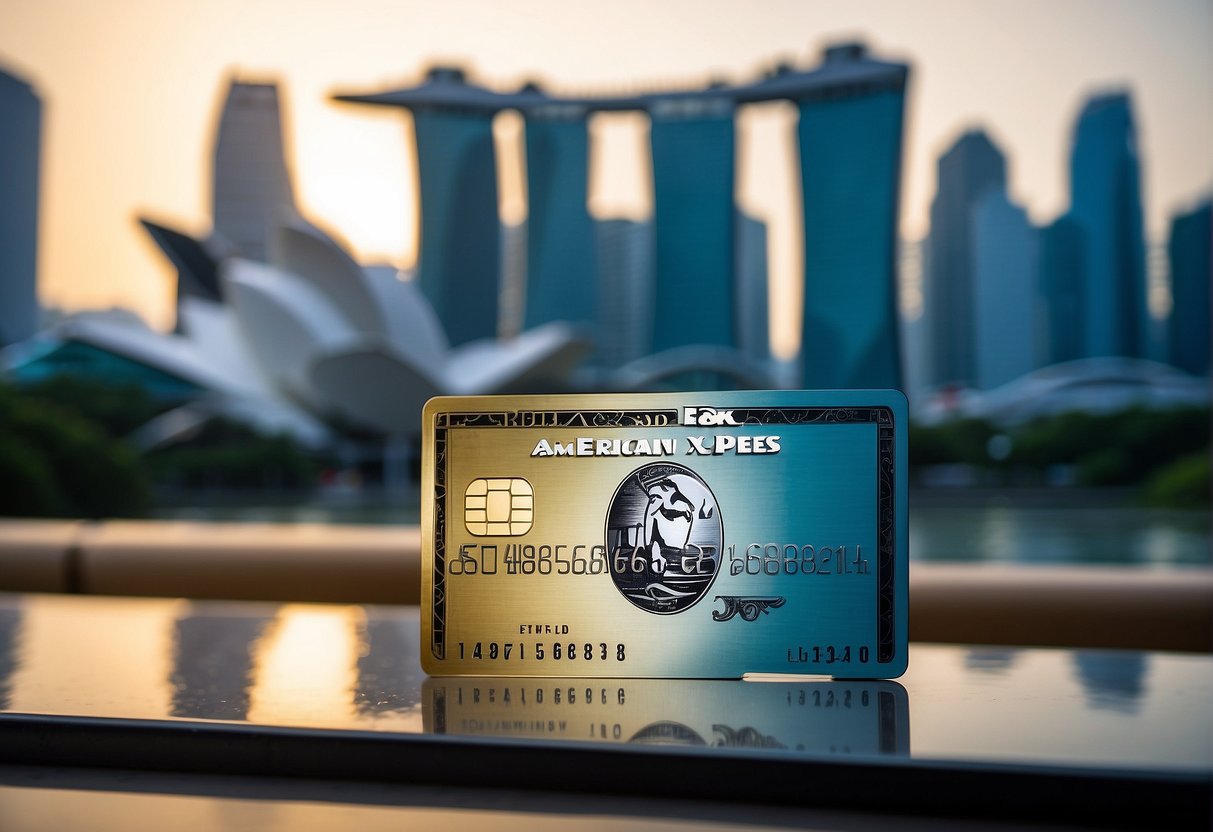 American Express promotions in Singapore: A vibrant city skyline with iconic landmarks, a diverse array of shopping and dining options, and people enjoying exclusive deals and offers with their American Express cards