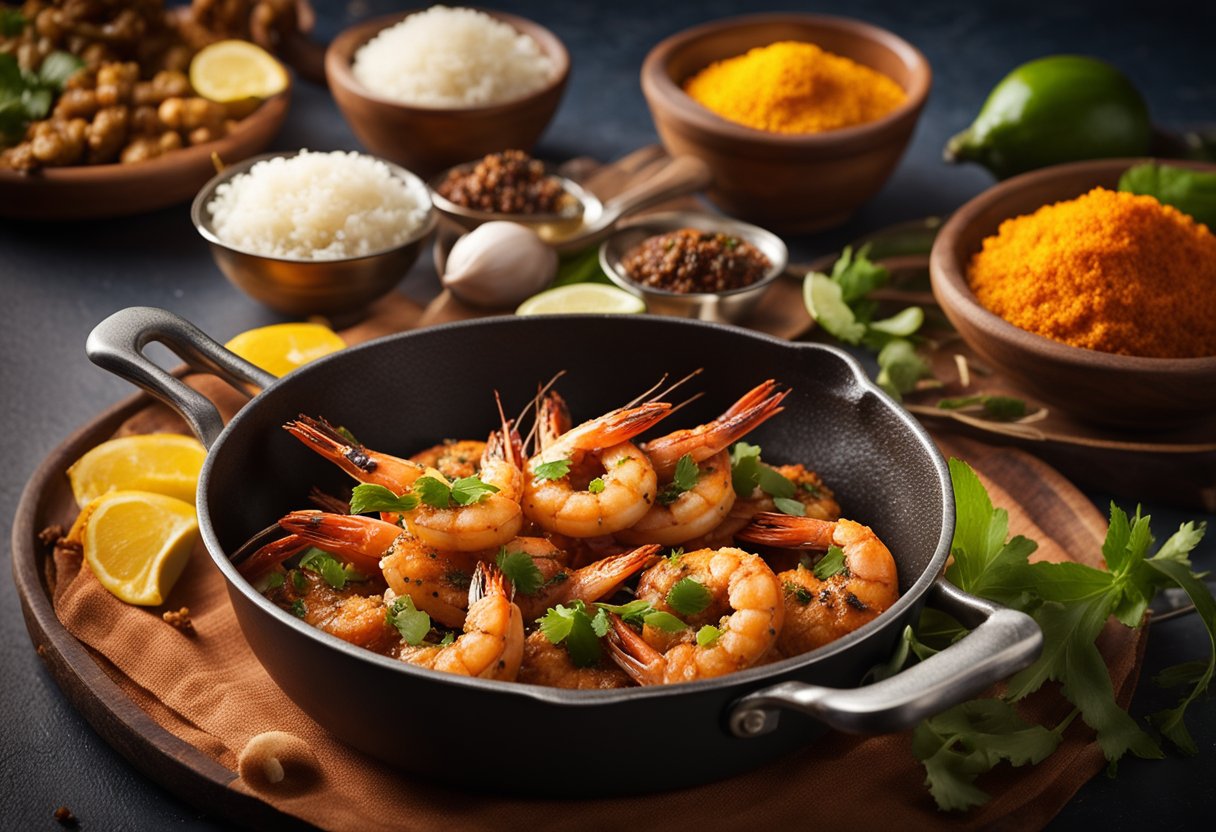 A sizzling pan of chettinad prawn varuval with aromatic spices and vibrant colors, surrounded by traditional Indian cooking utensils and ingredients