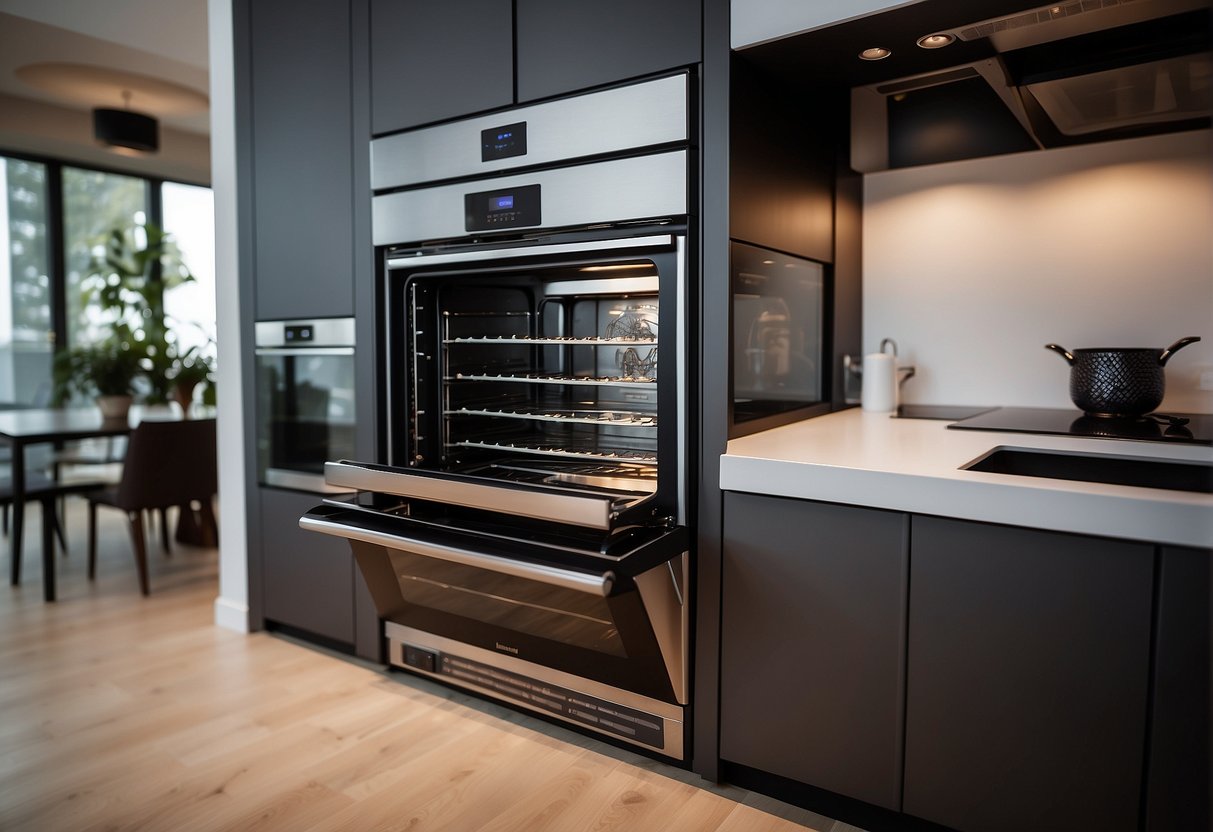A sleek built-in oven surrounded by promotional banners and signs in a modern kitchen showroom