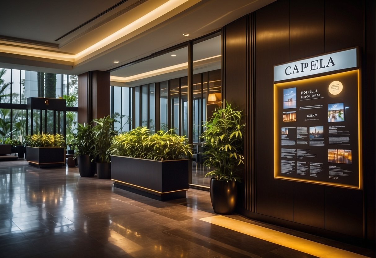 The Capella Hotel in Singapore features promotional displays and signs that highlight special offers and deals