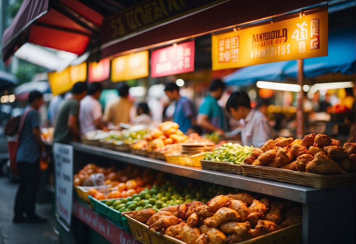 A vibrant street market in Singapore with colorful signs advertising Arnold Chicken promotions