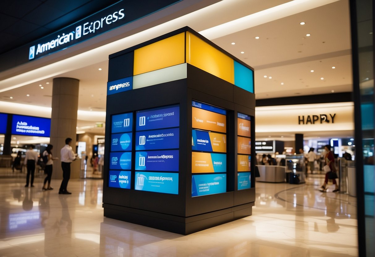 A colorful display of American Express promotions in a Singaporean shopping mall, with vibrant signage and happy customers redeeming exclusive deals