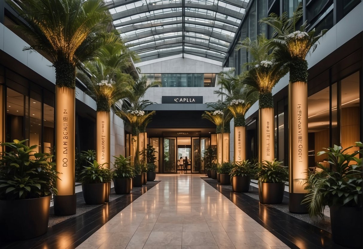 The grand entrance of Capella Singapore adorned with exclusive 2024 promotions banners and elegant decorations