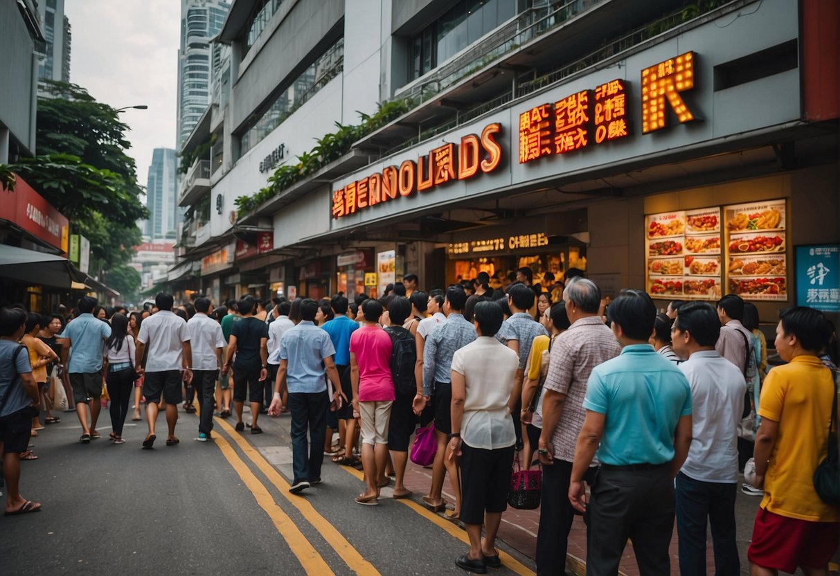 A bustling street with colorful signs for "Arnold's Chicken Promotions" in Singapore. People line up outside the store, eager for the special deals