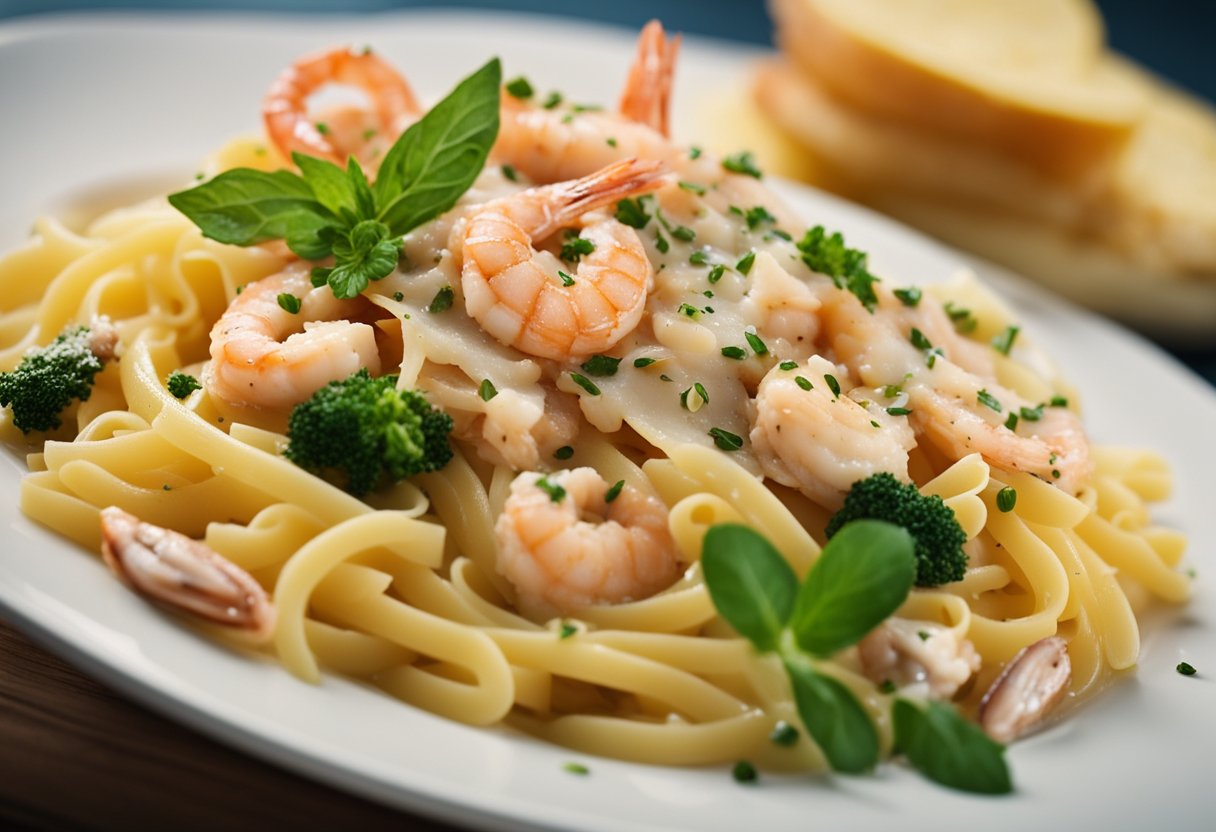 A steaming plate of chicken and prawn carbonara, with creamy pasta and succulent seafood, garnished with fresh herbs and grated parmesan