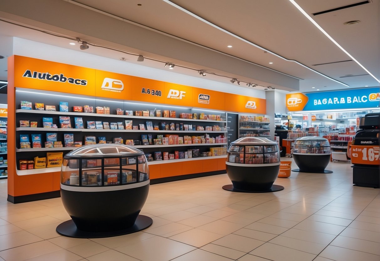 Brightly lit Autobacs store in Singapore with colorful promotional banners, shelves stocked with car accessories, and customers browsing products