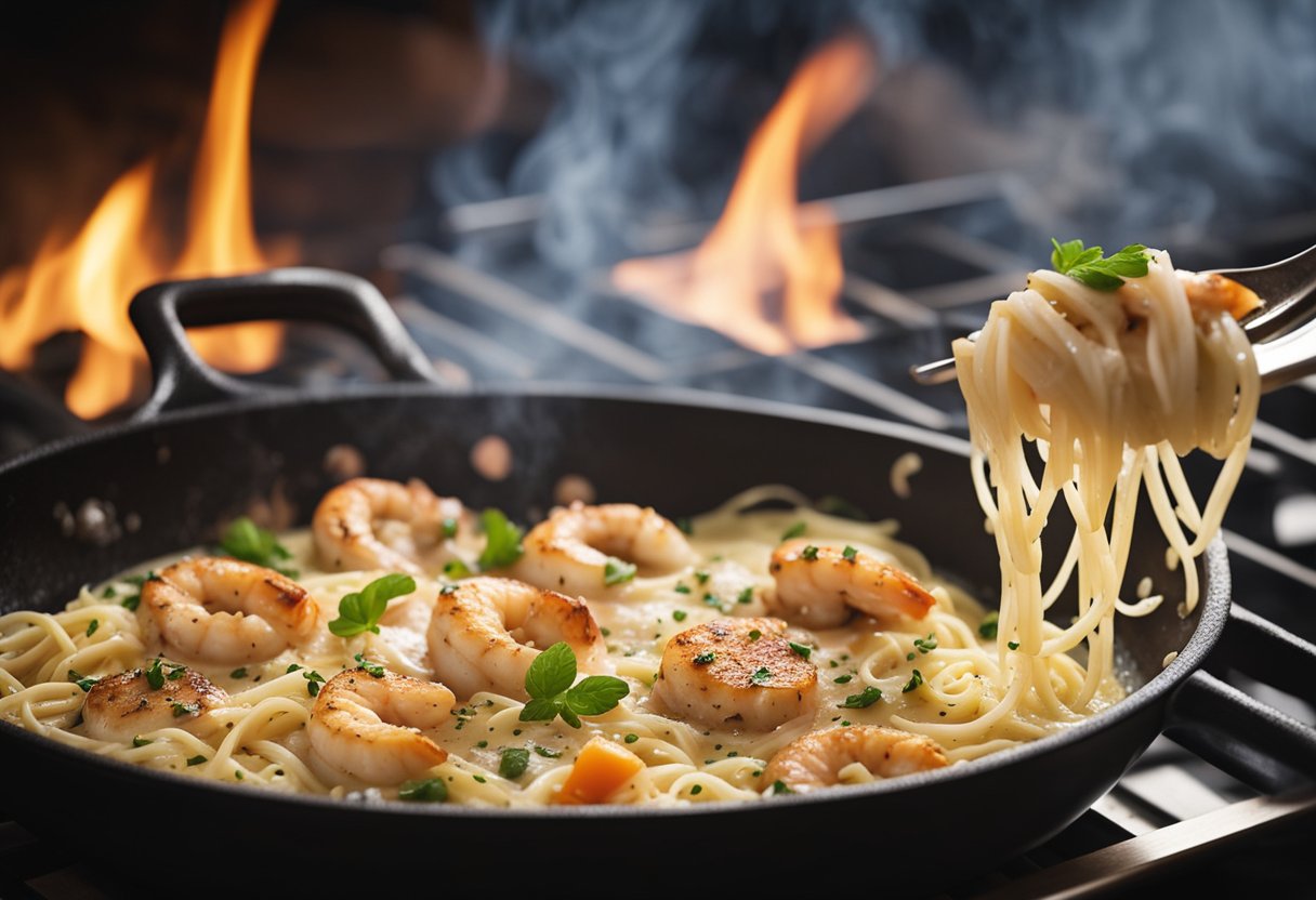 A sizzling pan of chicken and prawn carbonara cooks over a lively flame, filling the air with the aroma of garlic and parmesan
