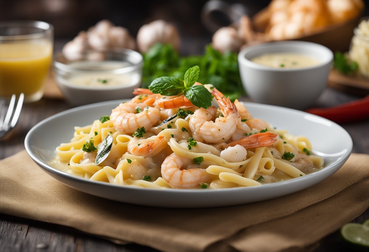 A steaming plate of chicken and prawn carbonara, with creamy sauce clinging to the pasta and chunks of tender meat and seafood mixed throughout