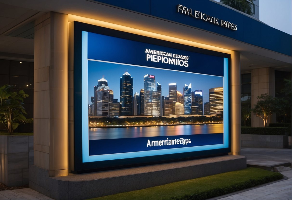 A vibrant display of American Express promotions in Singapore, featuring bold graphics and enticing offers