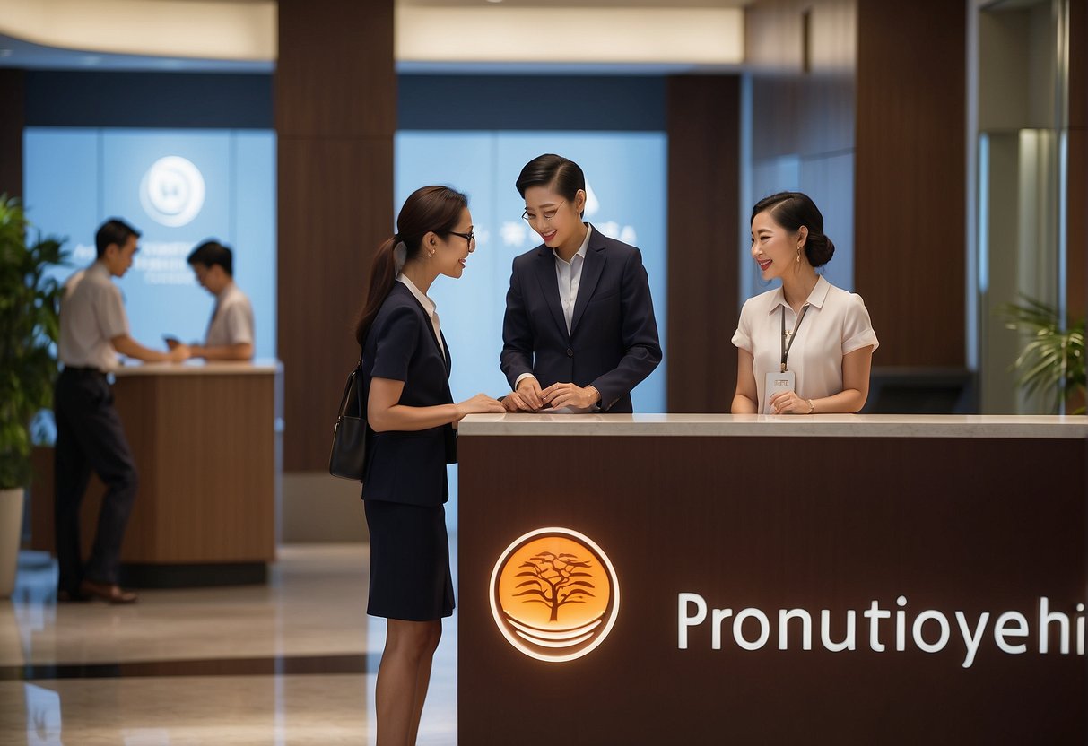 A line of customers stands before a glowing sign that reads "Frequently Asked Questions bank of china promotions singapore." The bank's logo is prominently displayed, and a cheerful staff member assists a customer at the counter