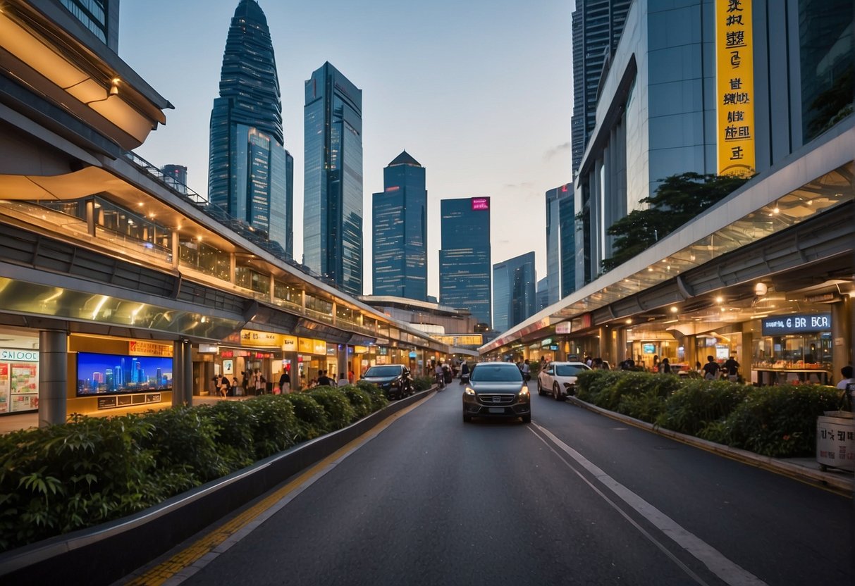 A bustling street in Singapore with vibrant shapermint billboards and promotional displays. The city's iconic skyline serves as a backdrop to the energetic scene