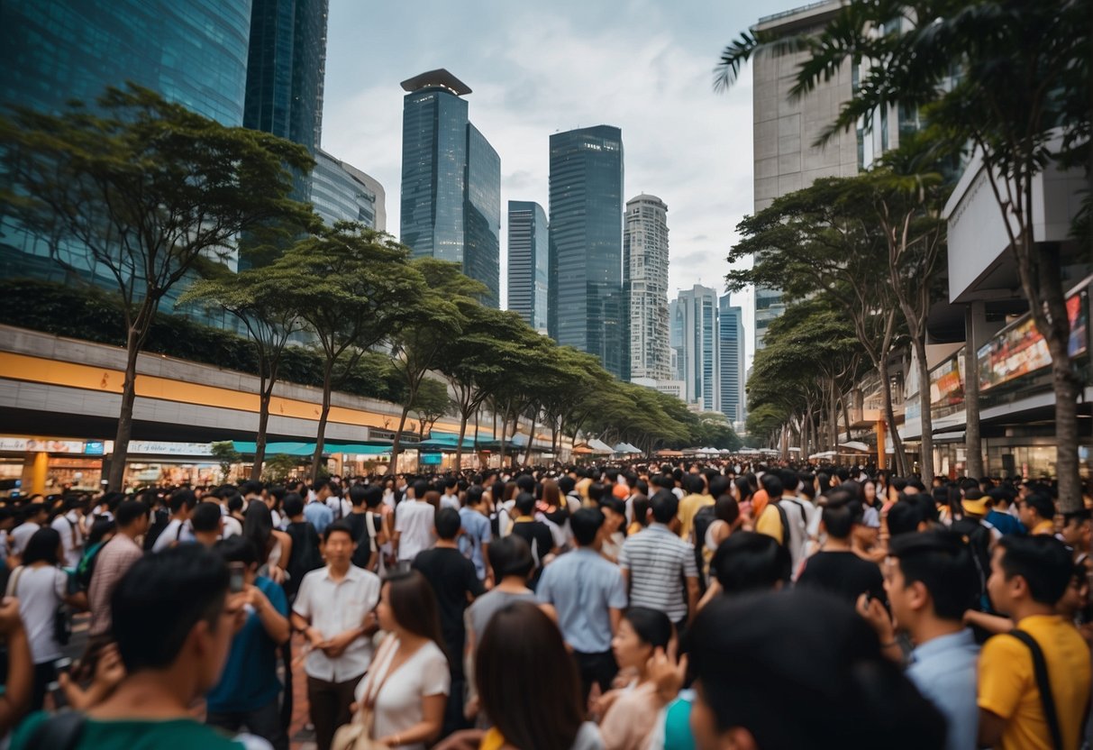 Vibrant street filled with bustling crowds and colorful promotional displays in Singapore