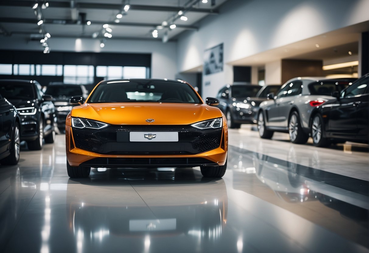 A car showroom with bright banners and promotional signs, showcasing the latest deals and discounts on vehicles