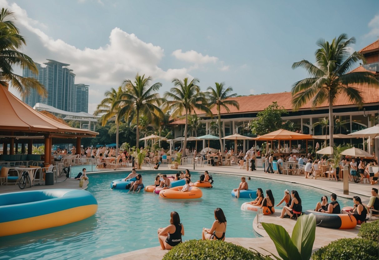 Guests enjoying water sports and beach activities at Sentosa, while others relax by the pool. A live band performs at Capella Hotel, adding to the lively atmosphere