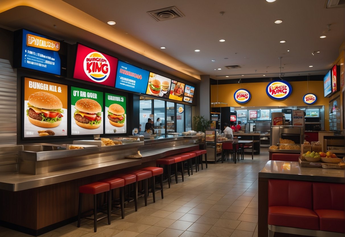 Burger King promotions in Singapore: A colorful display of discounted meals, with vibrant signage and happy customers enjoying their meals