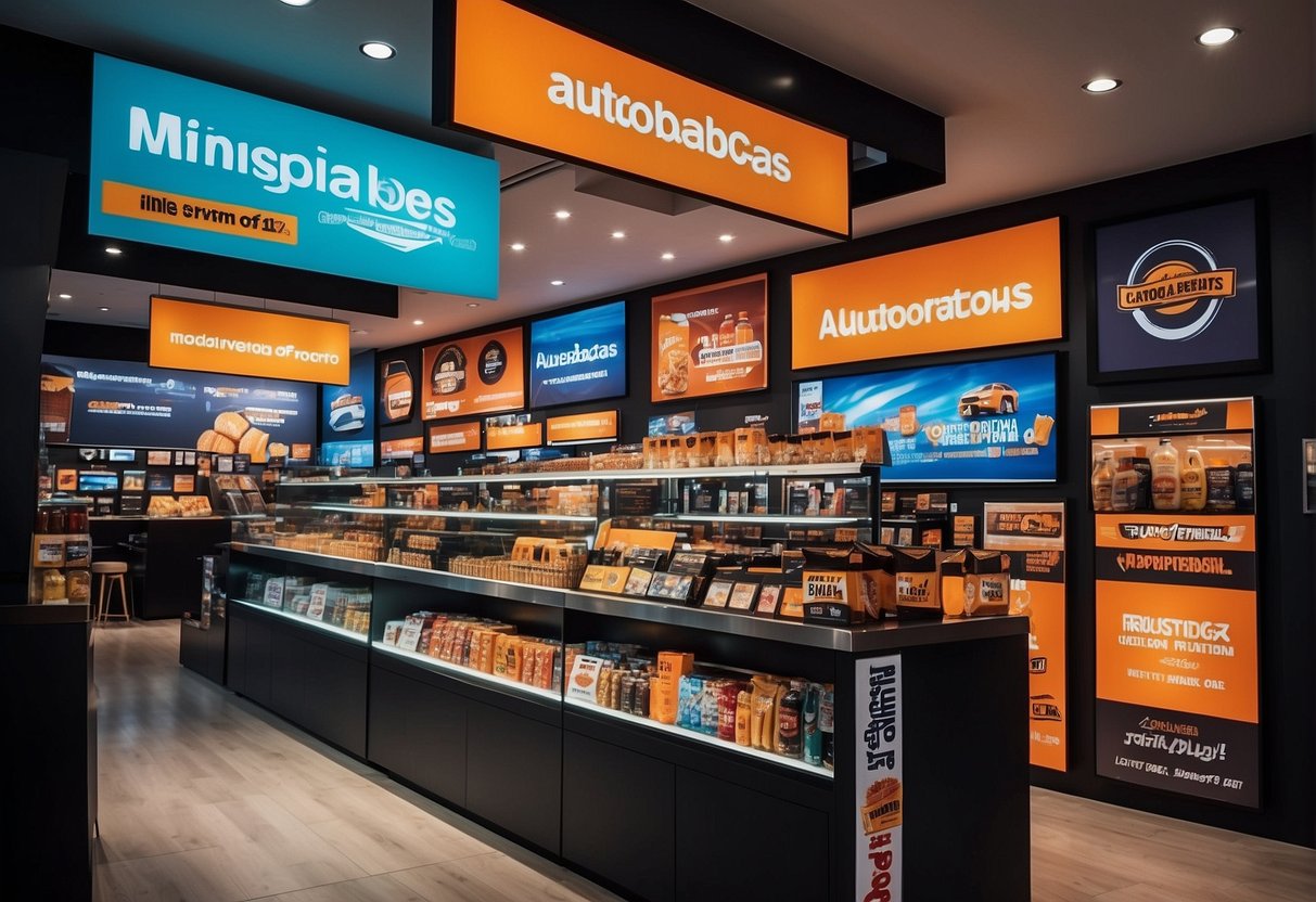 A vibrant display of promotional signs and banners at Autobacs Singapore, showcasing essential terms for claiming promotions