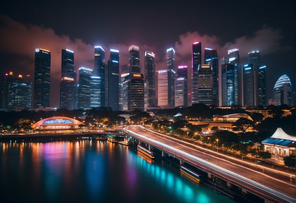 A vibrant cityscape with neon lights and bustling streets, showcasing the energy and excitement of Beats Promotions in Singapore