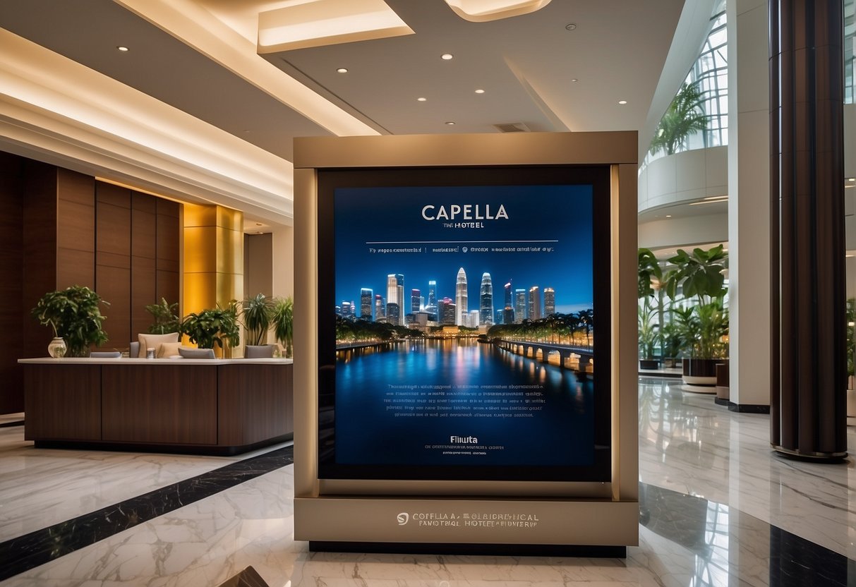 A vibrant display of promotional materials for Capella Hotel Singapore, including banners, brochures, and digital screens, arranged neatly in a welcoming lobby setting