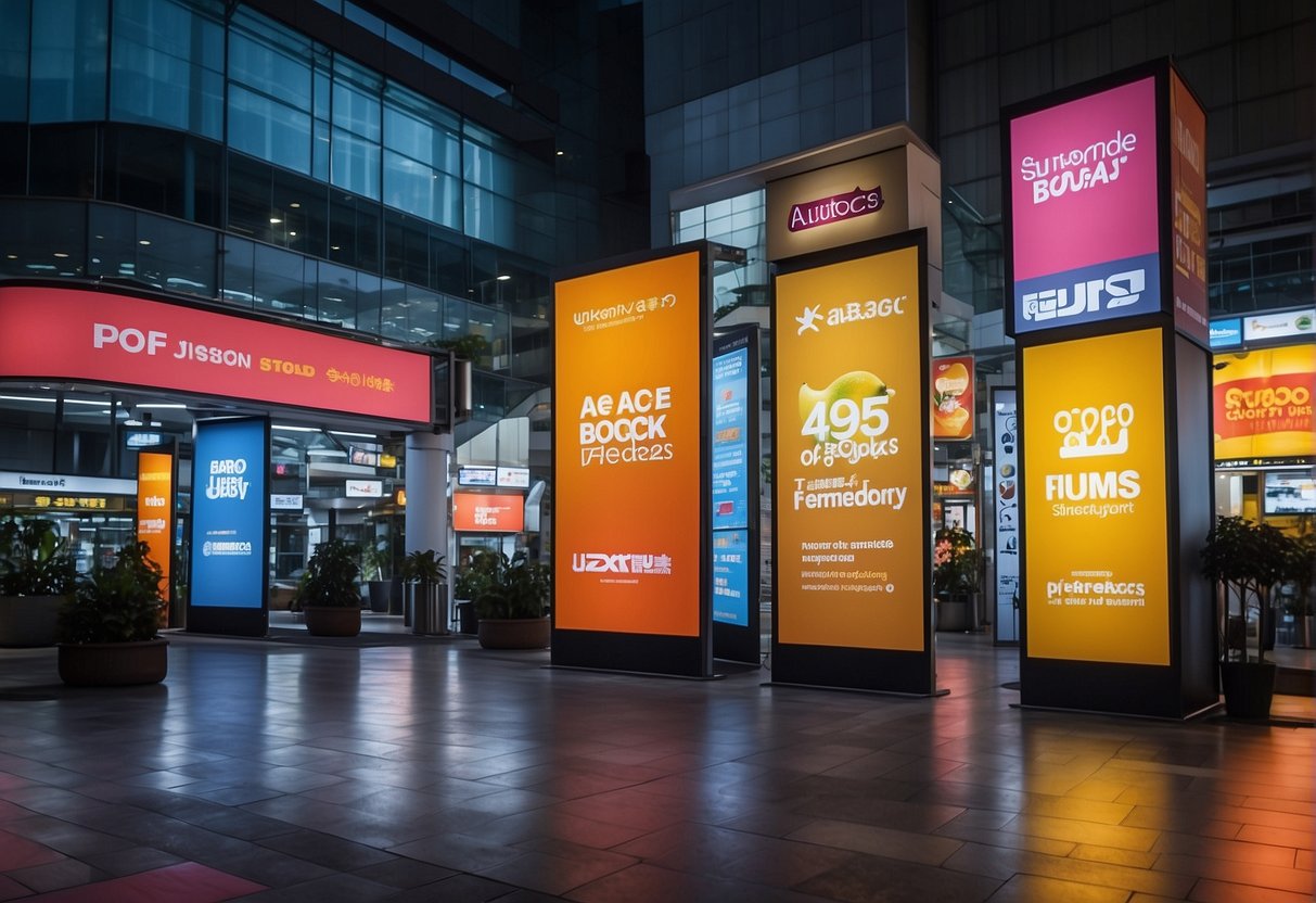 A colorful display of promotional banners and signs for Autobacs in Singapore. Bright lights and bold text catch the eye