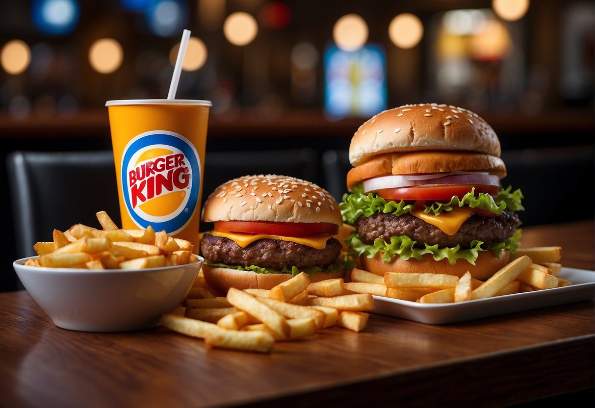 A table with Burger King promotional items displayed, including burgers, drinks, and fries. Bold signage highlights the latest deals