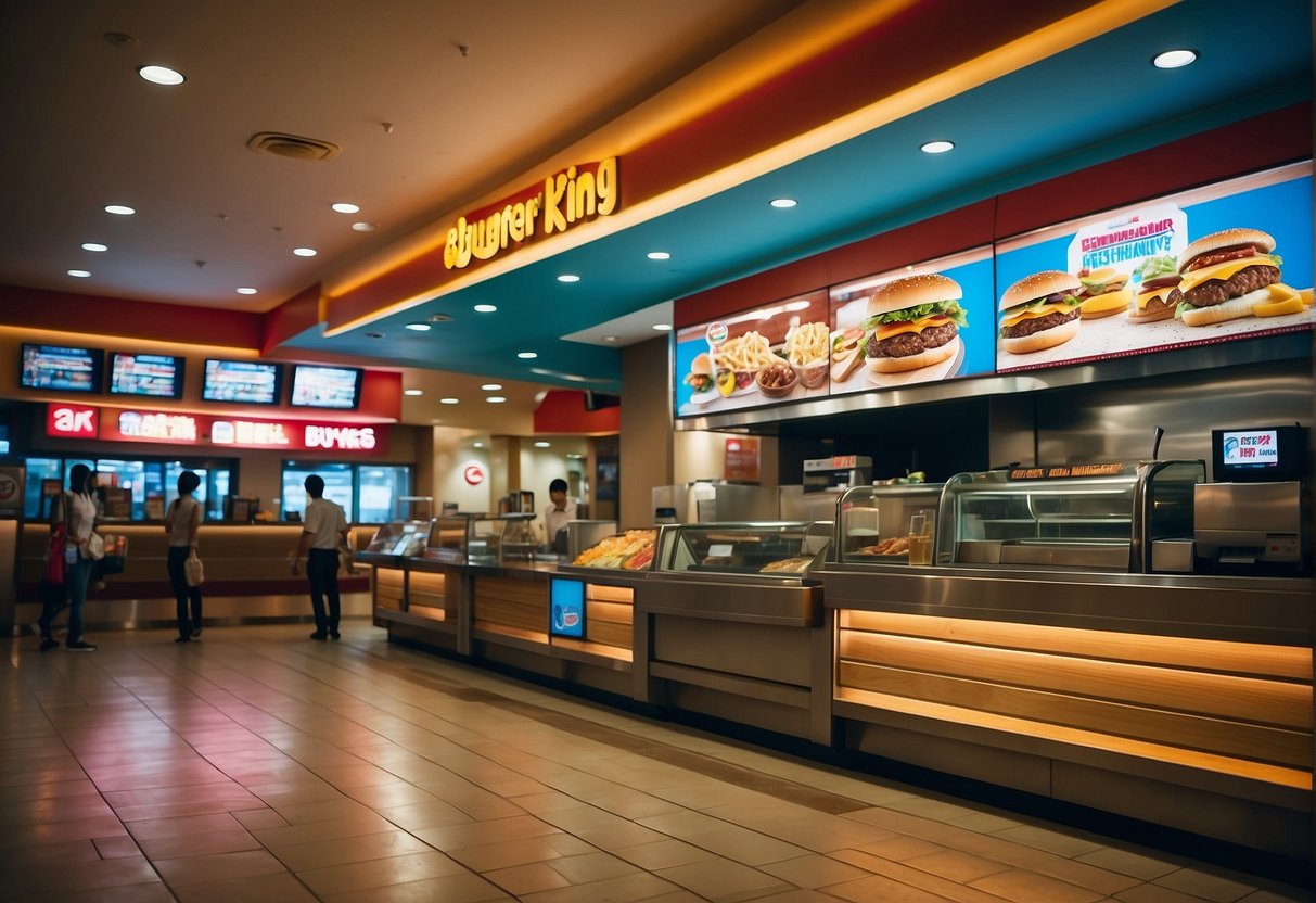 A colorful and bustling Burger King restaurant in Singapore with eye-catching promotional displays and customers enjoying their meals