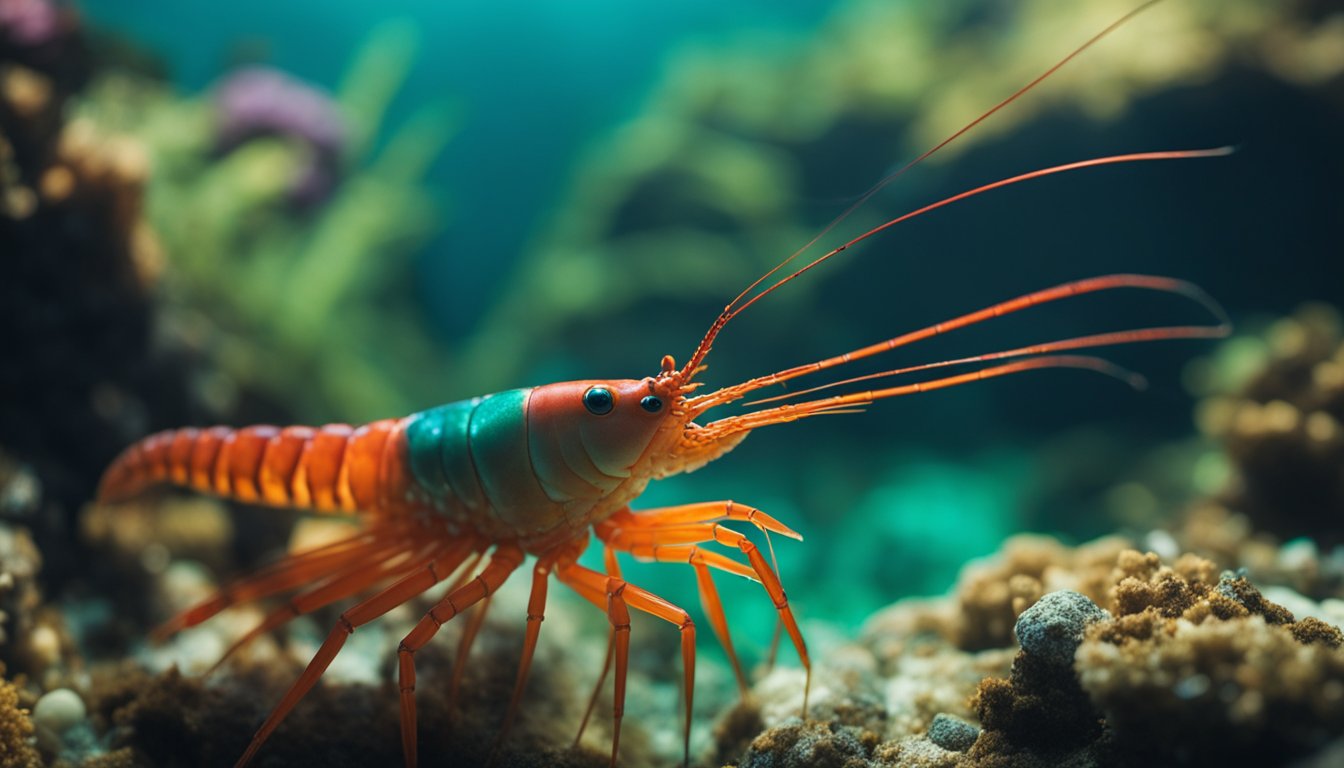 A carabinero prawn perched on a rocky ocean floor, its vibrant red shell contrasting with the blue-green water