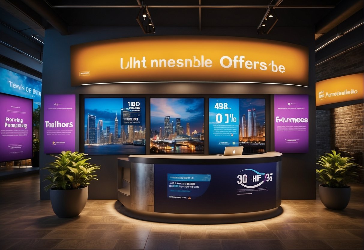A vibrant display of "Unmissable Offers for New Subscribers" with bold text and eye-catching graphics, surrounded by promotional banners and signs