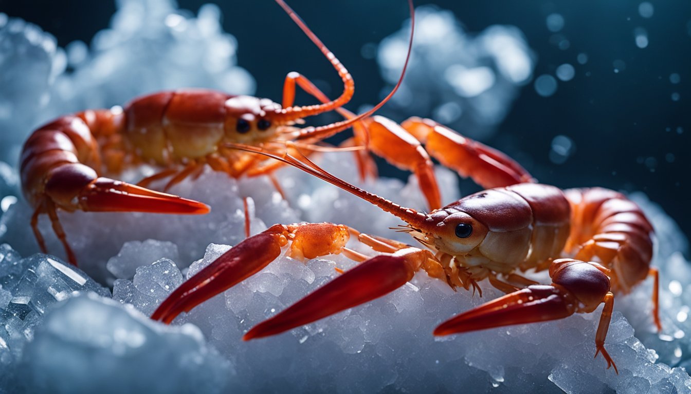 Two vibrant carabinero prawns rest on a bed of ice, showcasing their large size and deep red color. Their long, slender antennae and distinct white spots on their bodies are prominent