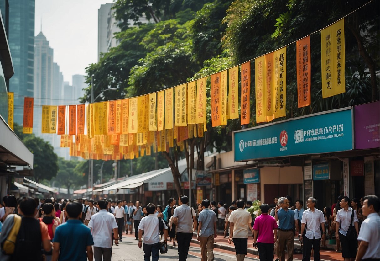 A bustling street lined with colorful banners and promotional signs, showcasing the vibrant energy of Challenger Promotions Singapore