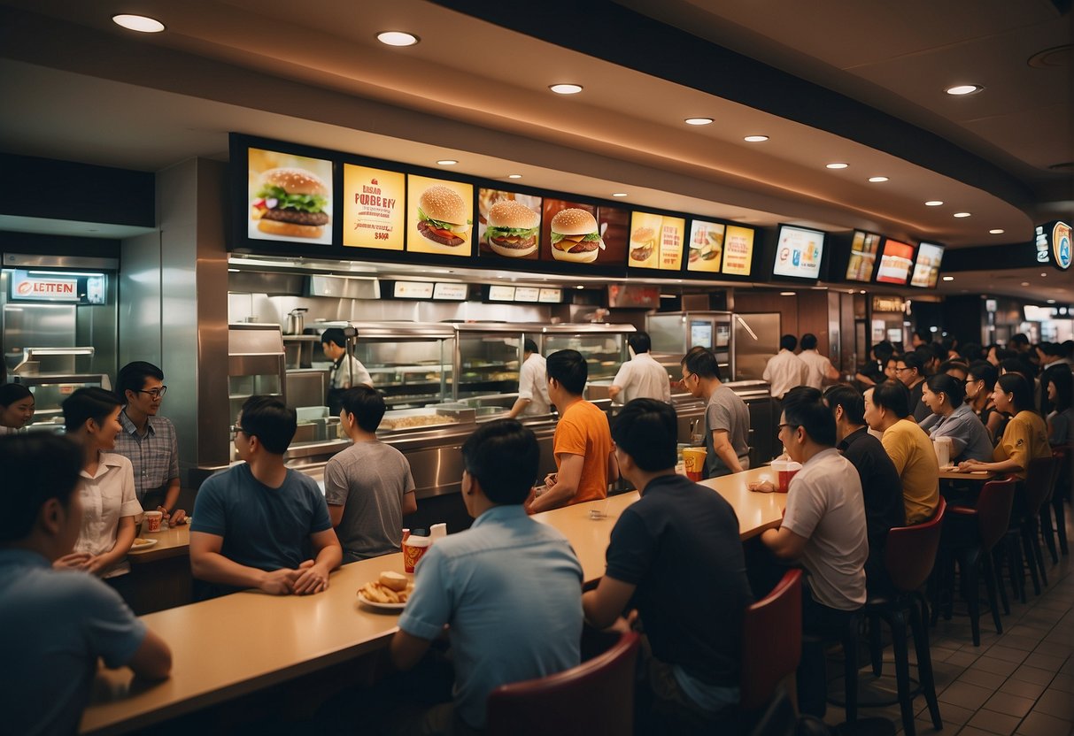 A crowded Burger King restaurant in Singapore with promotional signs and customers lining up