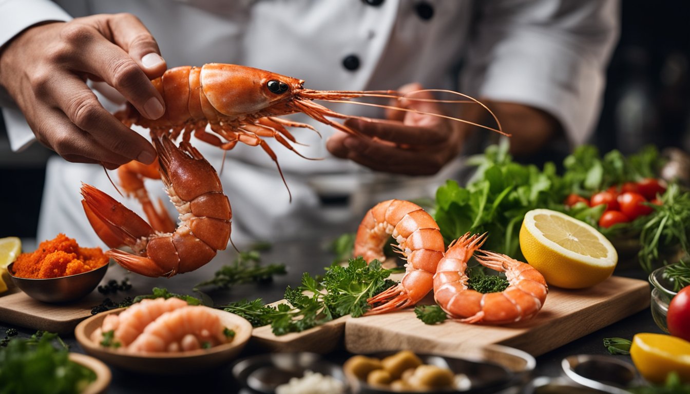 A chef is holding a large carabinero prawn, slicing it open to reveal its vibrant red flesh. Surrounding the prawn are various herbs, spices, and cooking utensils, ready for preparation