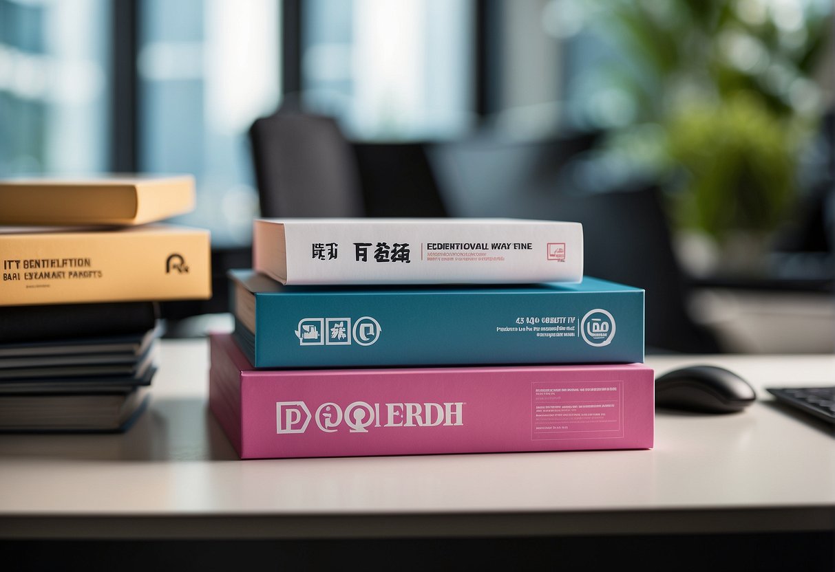 A stack of FAQ papers sits atop a sleek desk, surrounded by promotional materials and a logo for "Promotions Singapore."