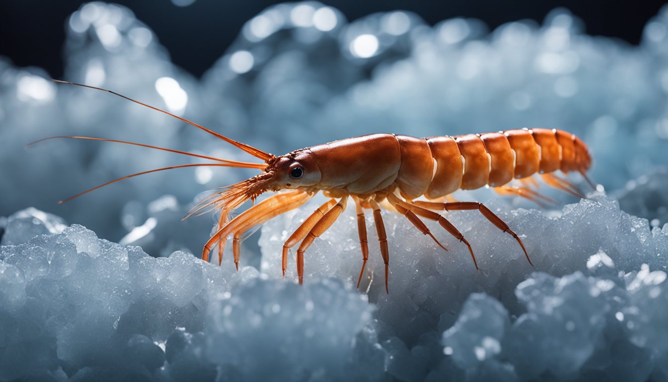 A carabinero prawn sits atop a bed of ice, its vibrant red shell glistening under the light. Its long, slender body and large, pincer-like claws give it an imposing presence