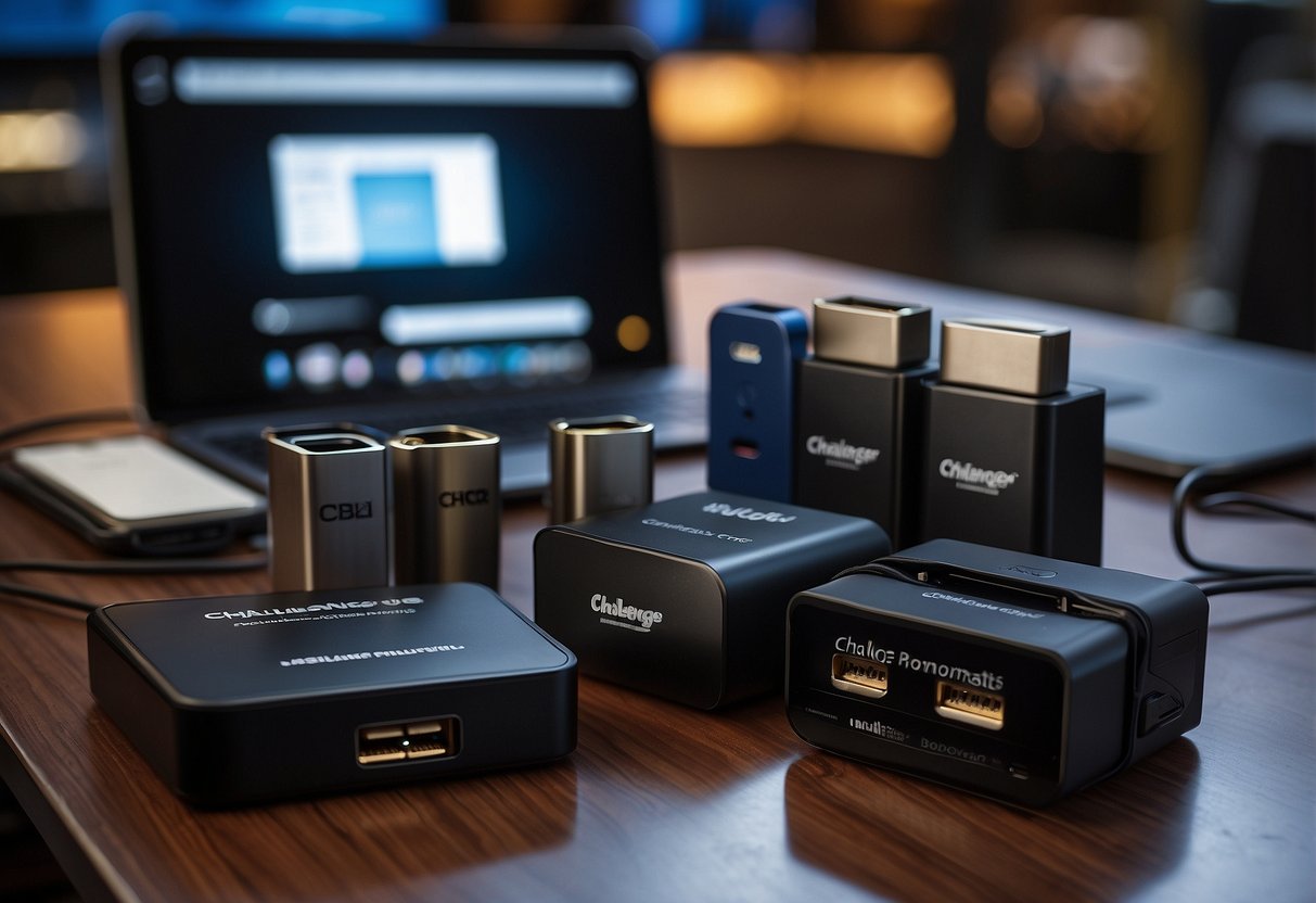 A table displaying various USB-C products with discount tags, alongside promotional banners for challenger promotions in Singapore