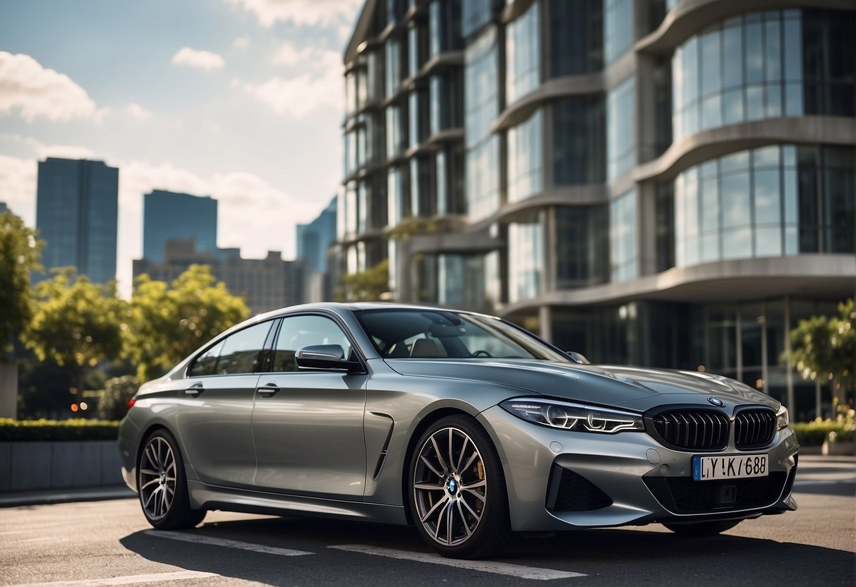 A sleek BMW parked in front of a luxury hotel, with a vibrant city skyline in the background. Bright promotional banners and flags flutter in the breeze